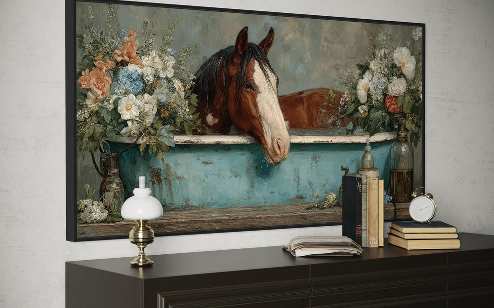 Horse In Bathtub With Flowers Canvas Wall Art