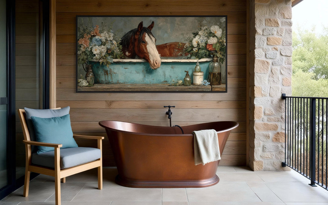 Horse In Bathtub With Flowers Canvas Wall Art