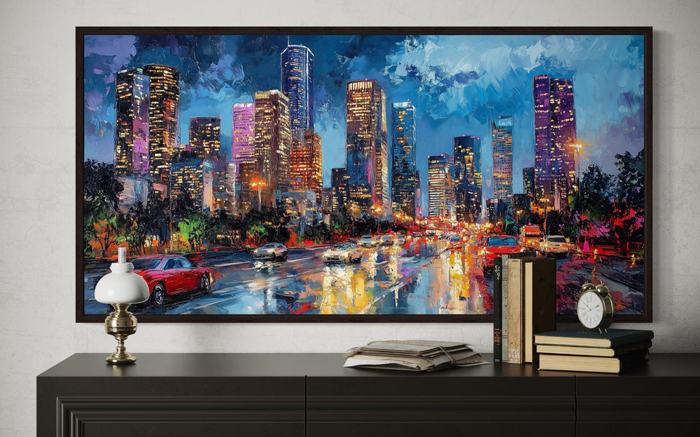 Houston Skyline At Night Framed Canvas Wall Art