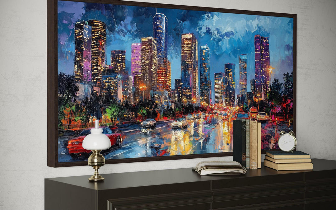 Houston Skyline At Night Framed Canvas Wall Art