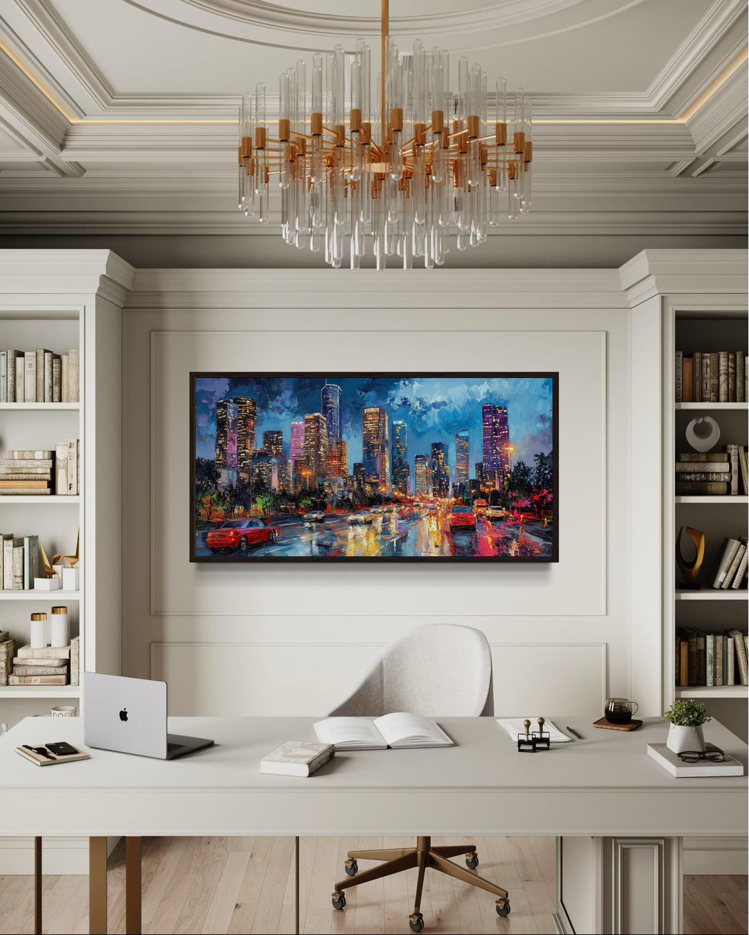 Houston Skyline At Night Framed Canvas Wall Art