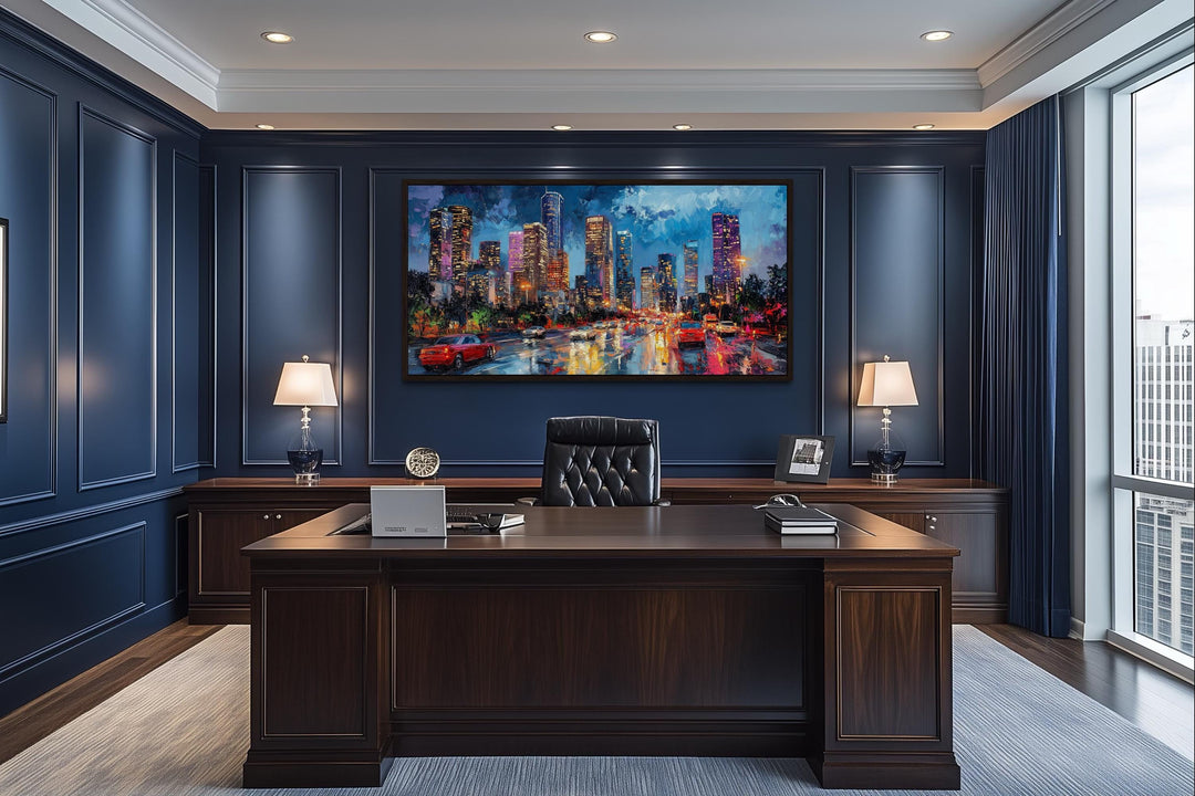 Houston Skyline At Night Framed Canvas Wall Art
