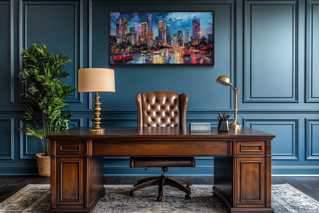 Houston Skyline At Night Framed Canvas Wall Art