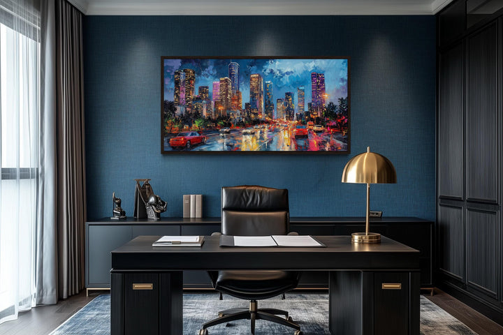 Houston Skyline At Night Framed Canvas Wall Art