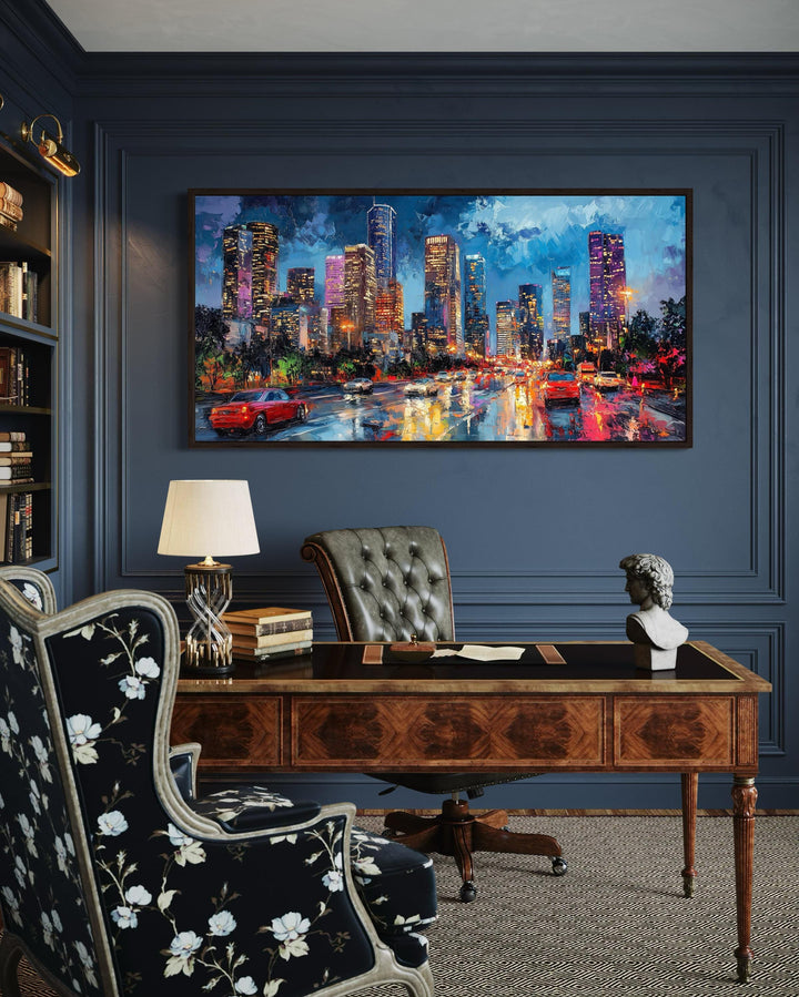 Houston Skyline At Night Framed Canvas Wall Art