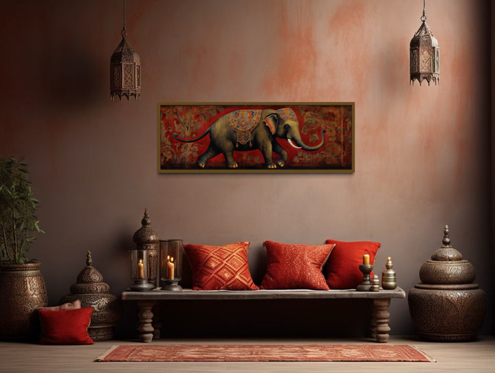 Indian Elephant Traditional Panoramic Framed Canvas Wall Art