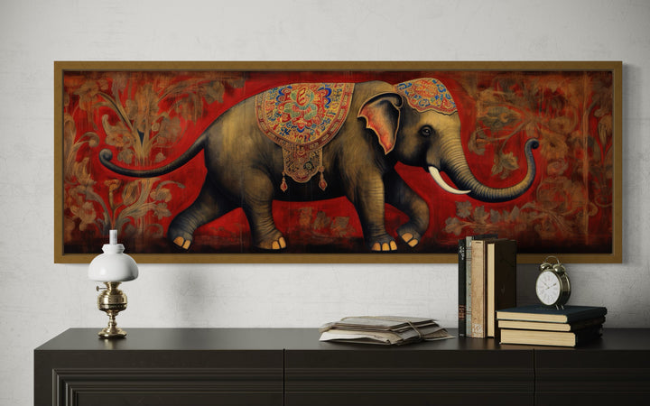Indian Elephant Traditional Panoramic Framed Canvas Wall Art