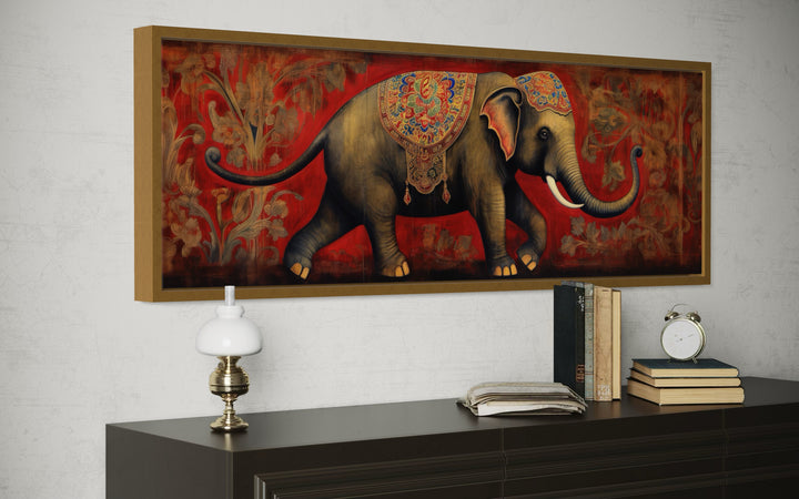 Indian Elephant Traditional Panoramic Framed Canvas Wall Art