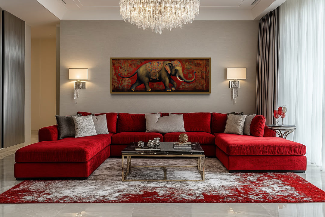Indian Elephant Traditional Panoramic Framed Canvas Wall Art
