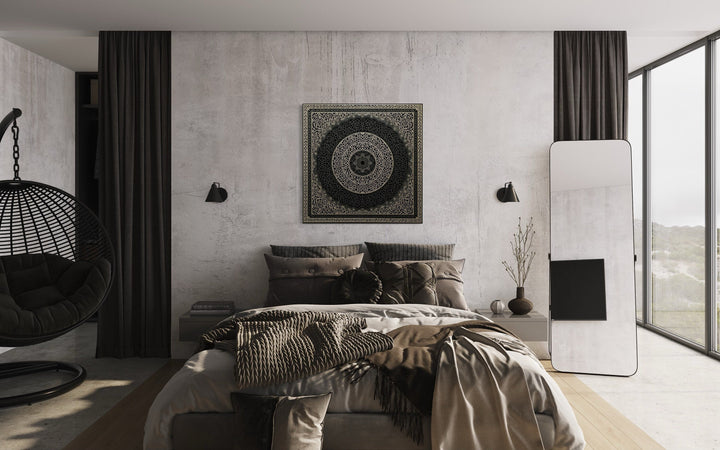 Indian Mandala Boho Black Grey Framed Canvas Wall Art