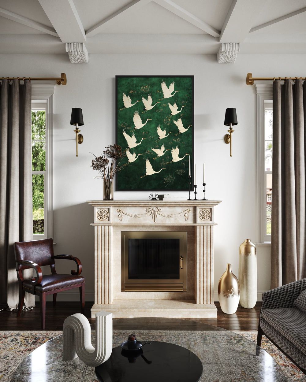 Japanese Cranes Flying On Green Background Framed Canvas Wall Art