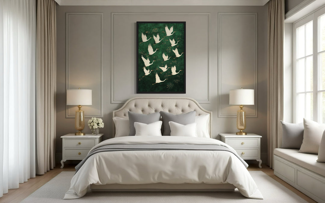 Japanese Cranes Flying On Green Background Framed Canvas Wall Art