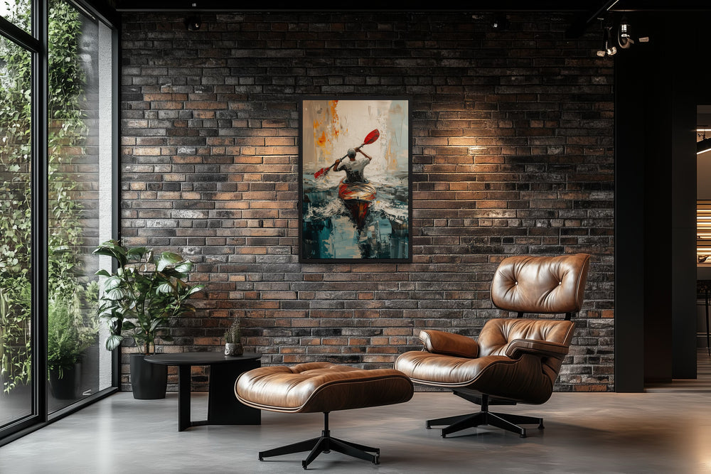 Kayaker In The Lake Abstract Framed Canvas Wall Art