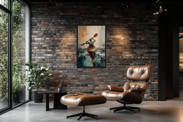 Kayaker In The Lake Abstract Framed Canvas Wall Art