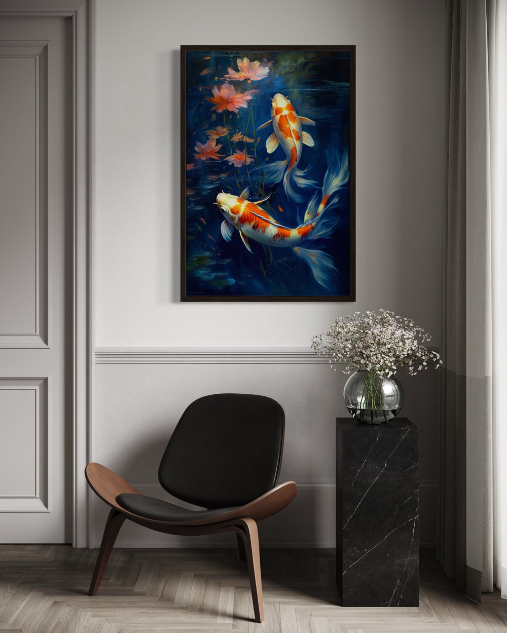Koi Fish In Navy Blue Water Feng Shui Framed Canvas Wall Art