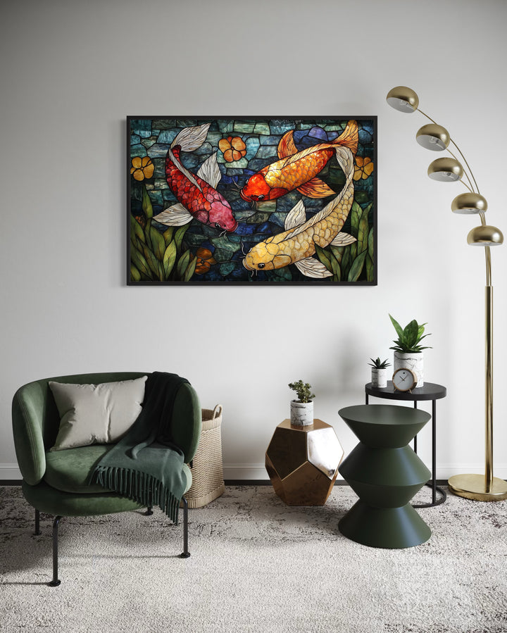 Koi Fish In Stained Glass Style Framed Canvas Wall Art