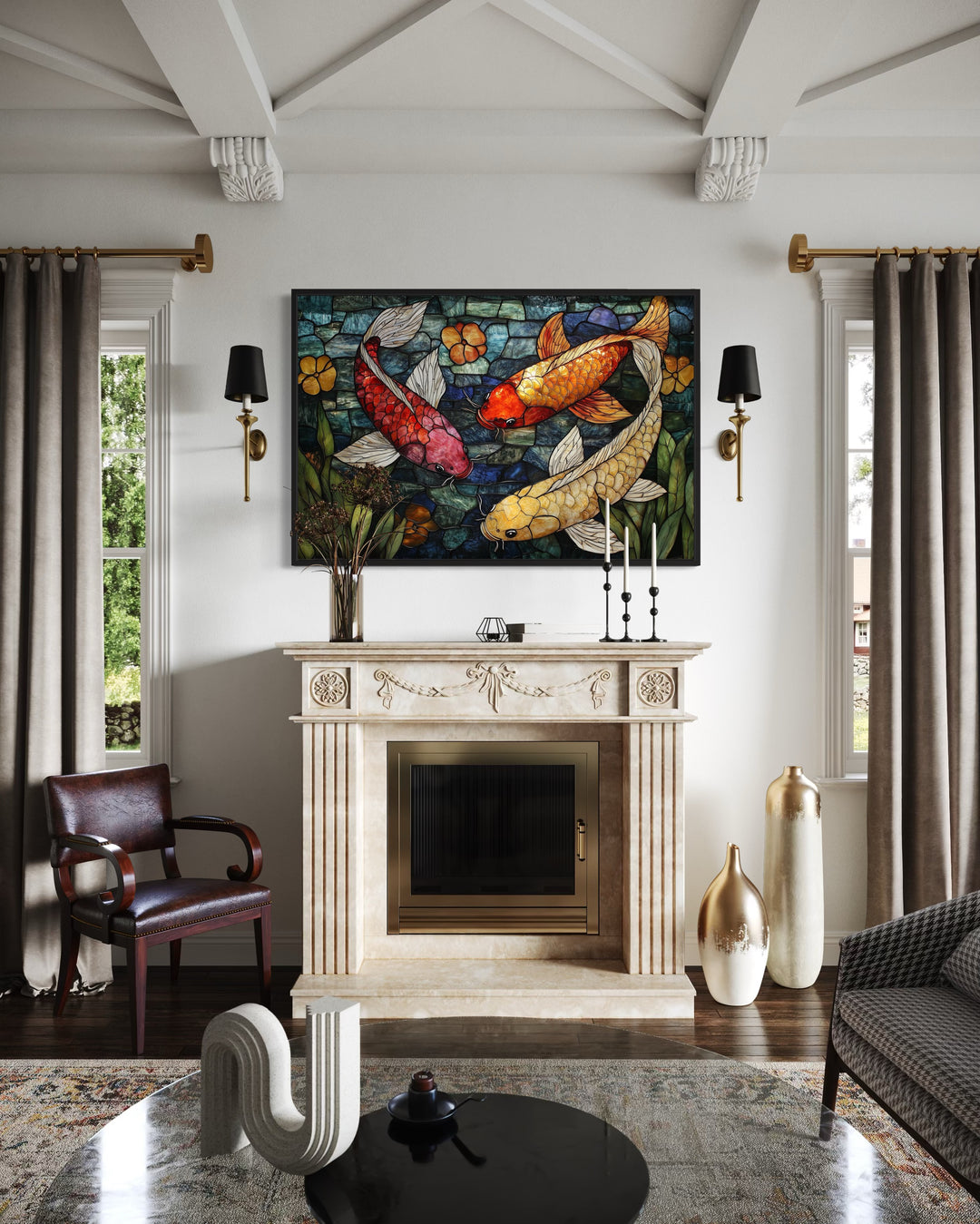 Koi Fish In Stained Glass Style Framed Canvas Wall Art
