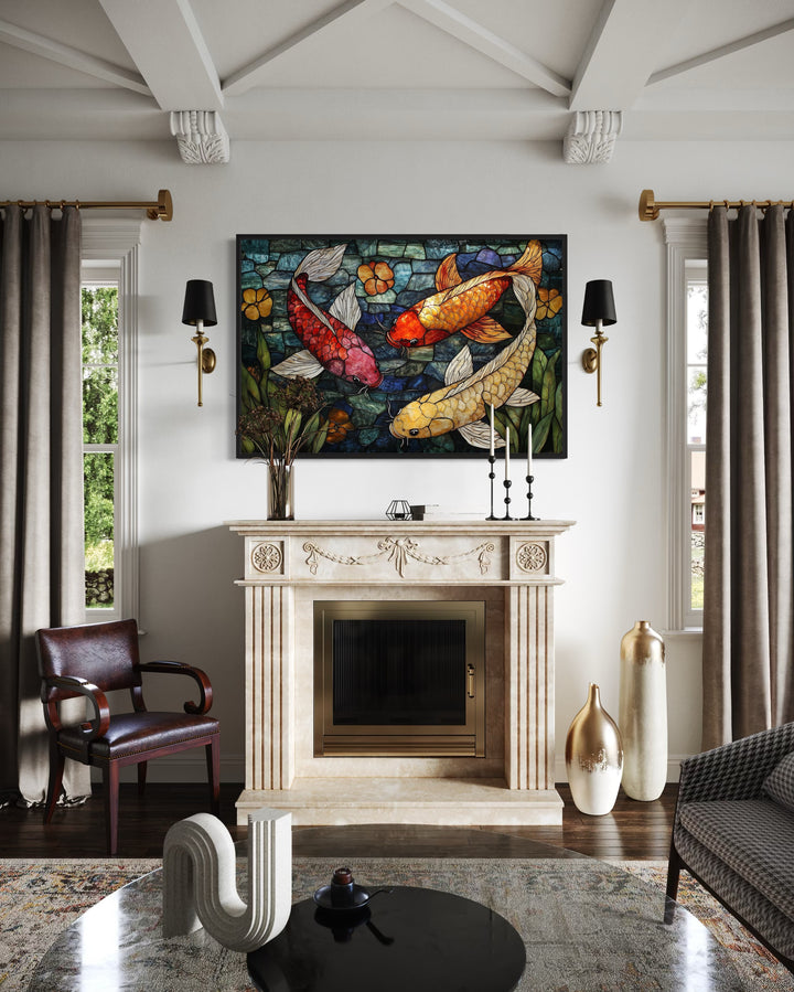 Koi Fish In Stained Glass Style Framed Canvas Wall Art