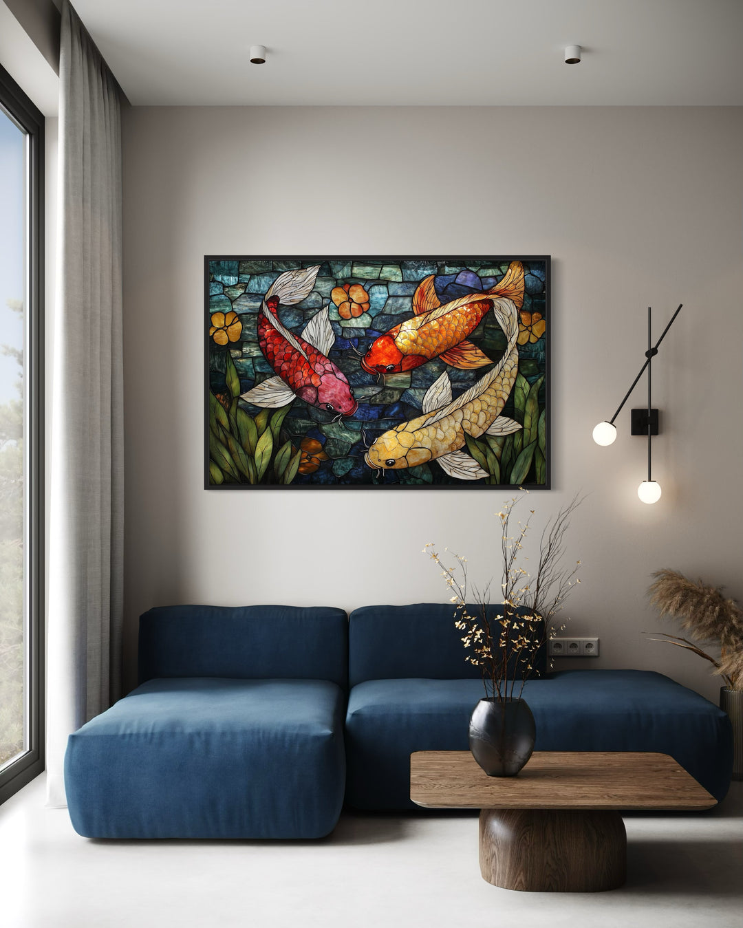 Koi Fish In Stained Glass Style Framed Canvas Wall Art