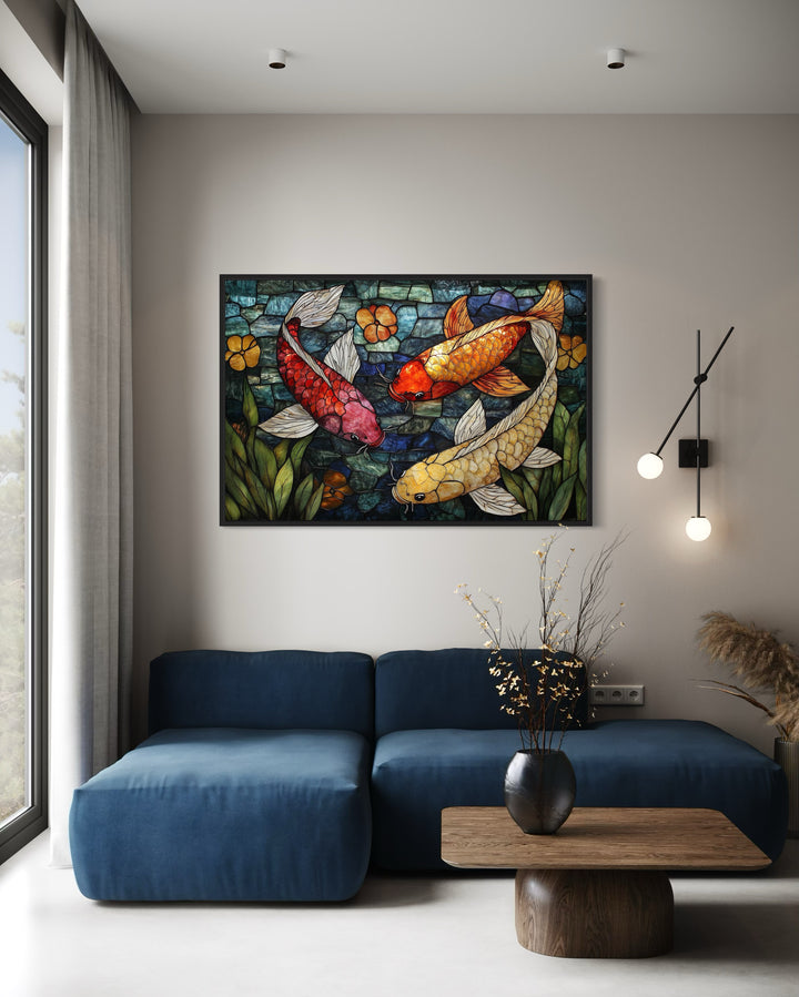 Koi Fish In Stained Glass Style Framed Canvas Wall Art