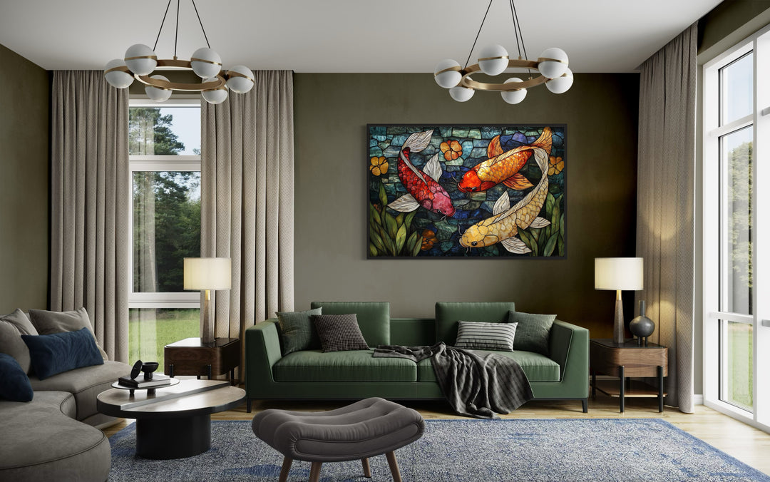 Koi Fish In Stained Glass Style Framed Canvas Wall Art