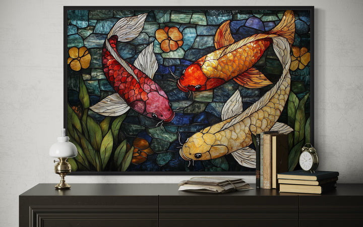 Koi Fish In Stained Glass Style Framed Canvas Wall Art