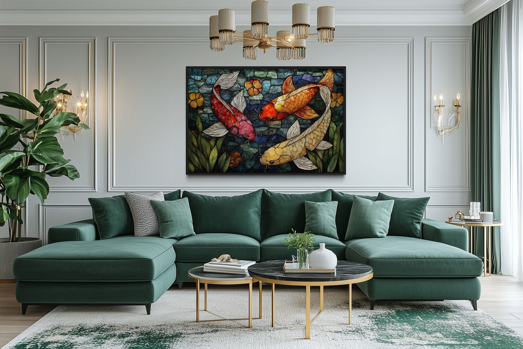 Koi Fish In Stained Glass Style Framed Canvas Wall Art
