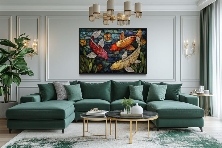 Koi Fish In Stained Glass Style Framed Canvas Wall Art