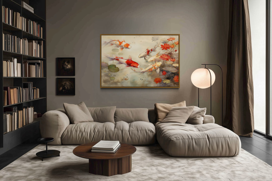 Koi Fish in Sage Green Pond Zen Framed Canvas Wall Art