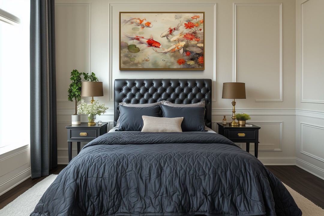 Koi Fish in Sage Green Pond Zen Framed Canvas Wall Art