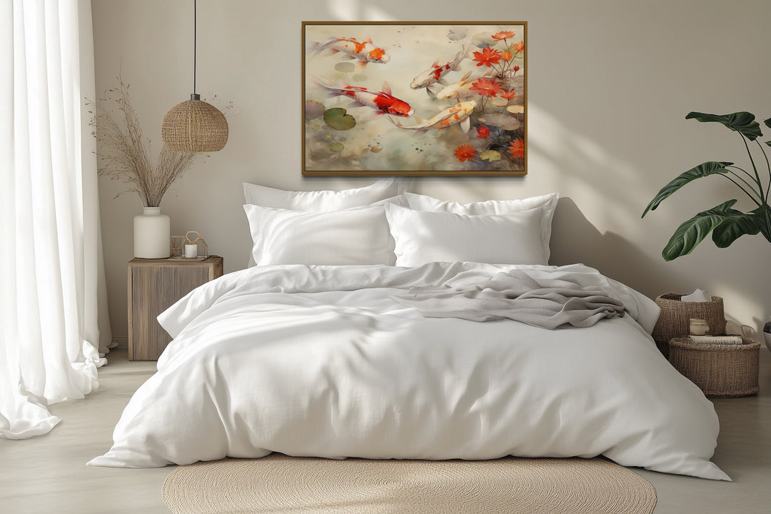 Koi Fish in Sage Green Pond Zen Framed Canvas Wall Art