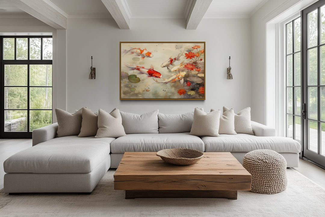 Koi Fish in Sage Green Pond Zen Framed Canvas Wall Art