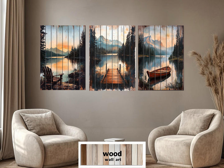 Lake House Distressed Wood Wall Art Set of 3 – Adirondack Chair, Fishing Dock, and Canoe on Mountain Lake