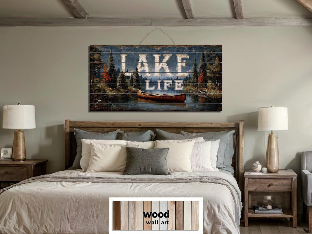 Lake Life Sign Rustic Canoe Scene Distressed Wood Wall Art
