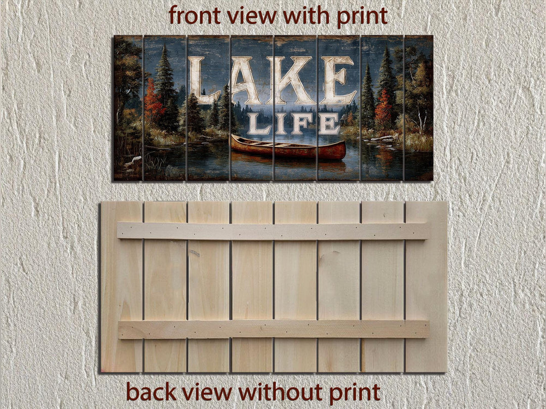 Lake Life Sign Rustic Canoe Scene Distressed Wood Wall Art