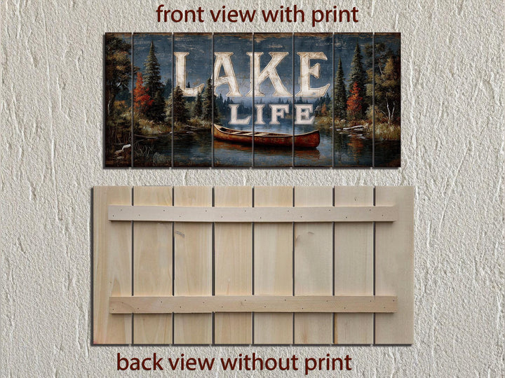 Lake Life Sign Rustic Canoe Scene Distressed Wood Wall Art