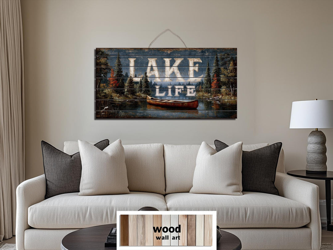 Lake Life Sign Rustic Canoe Scene Distressed Wood Wall Art