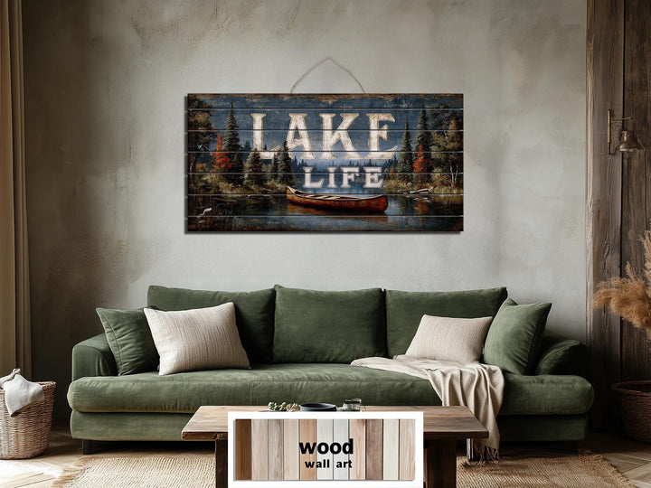 Lake Life Sign Rustic Canoe Scene Distressed Wood Wall Art