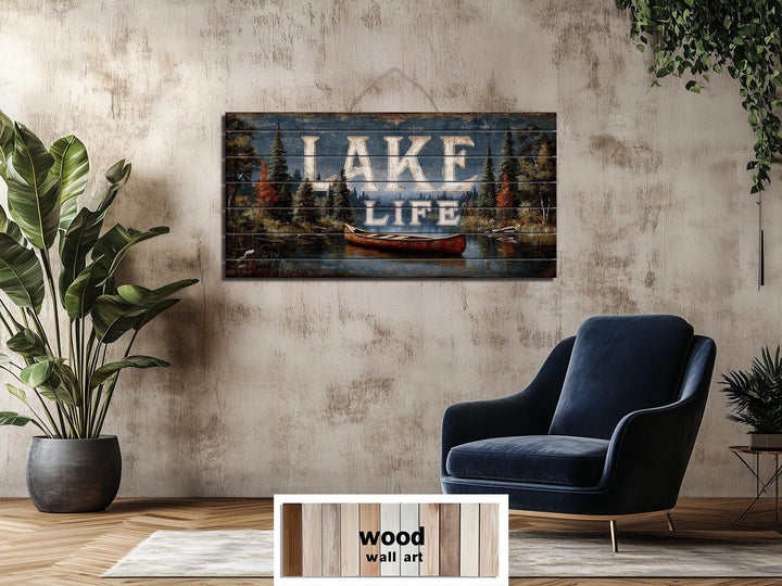 Lake Life Sign Rustic Canoe Scene Distressed Wood Wall Art