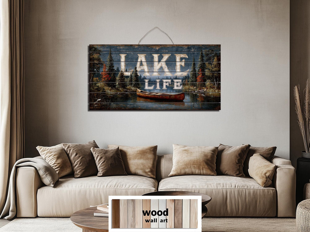 Lake Life Sign Rustic Canoe Scene Distressed Wood Wall Art