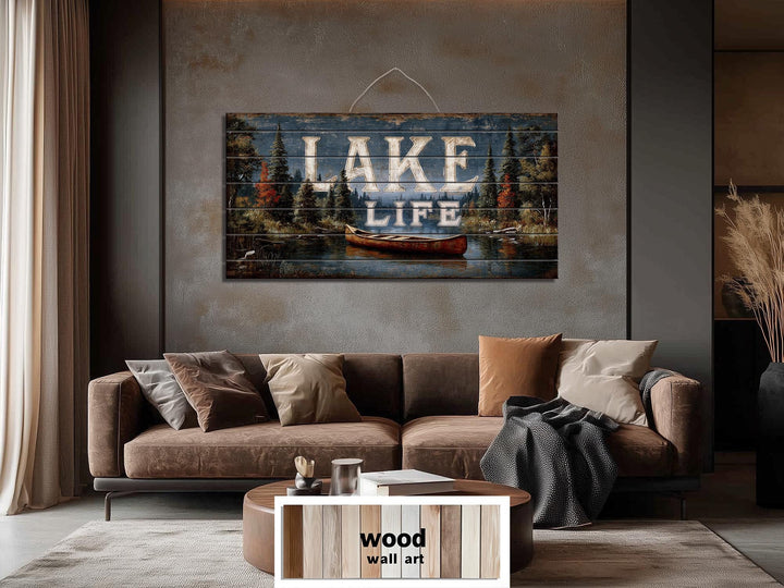 Lake Life Sign Rustic Canoe Scene Distressed Wood Wall Art