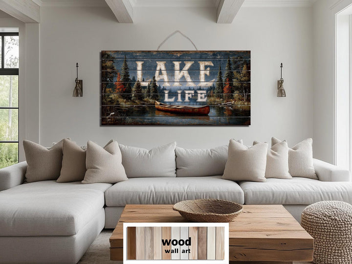 Lake Life Sign Rustic Canoe Scene Distressed Wood Wall Art