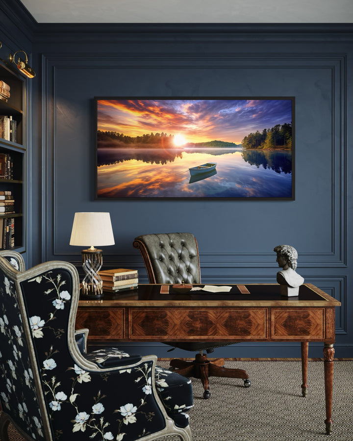 Lake With Boat at Sunrise Framed Canvas Wall Art