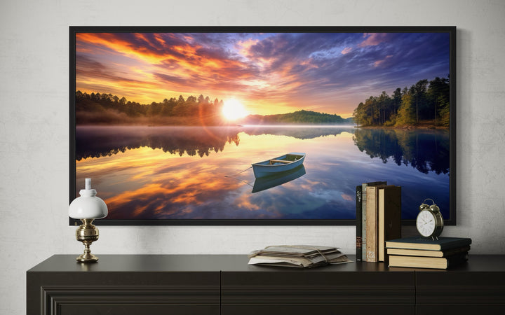 Lake With Boat at Sunrise Framed Canvas Wall Art