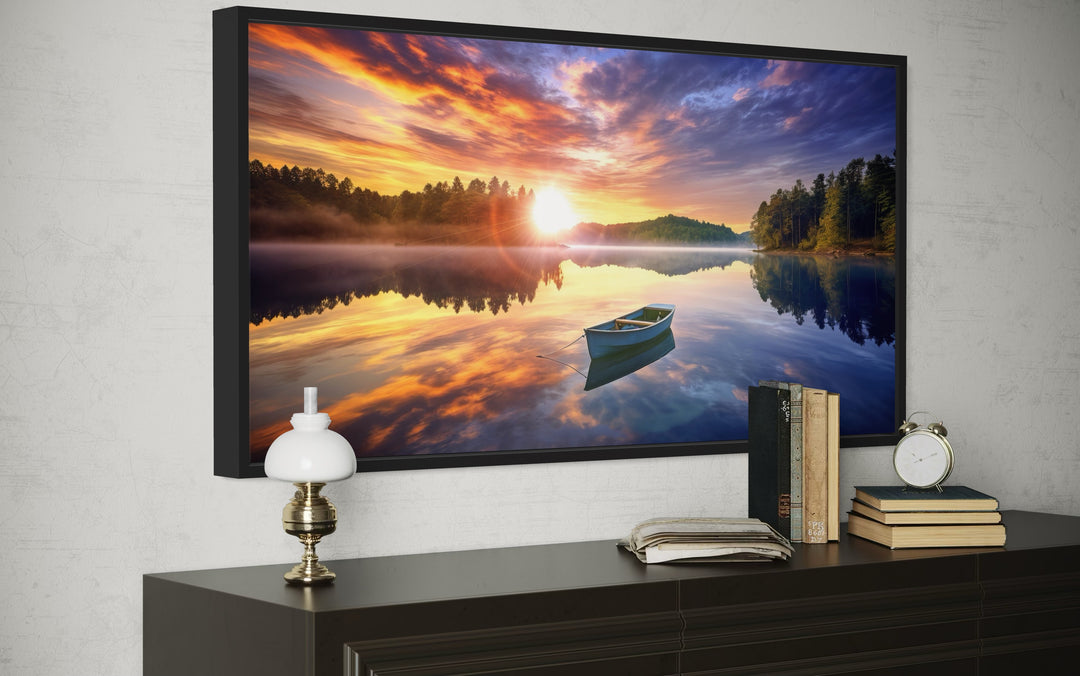 Lake With Boat at Sunrise Framed Canvas Wall Art