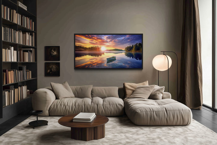 Lake With Boat at Sunrise Framed Canvas Wall Art
