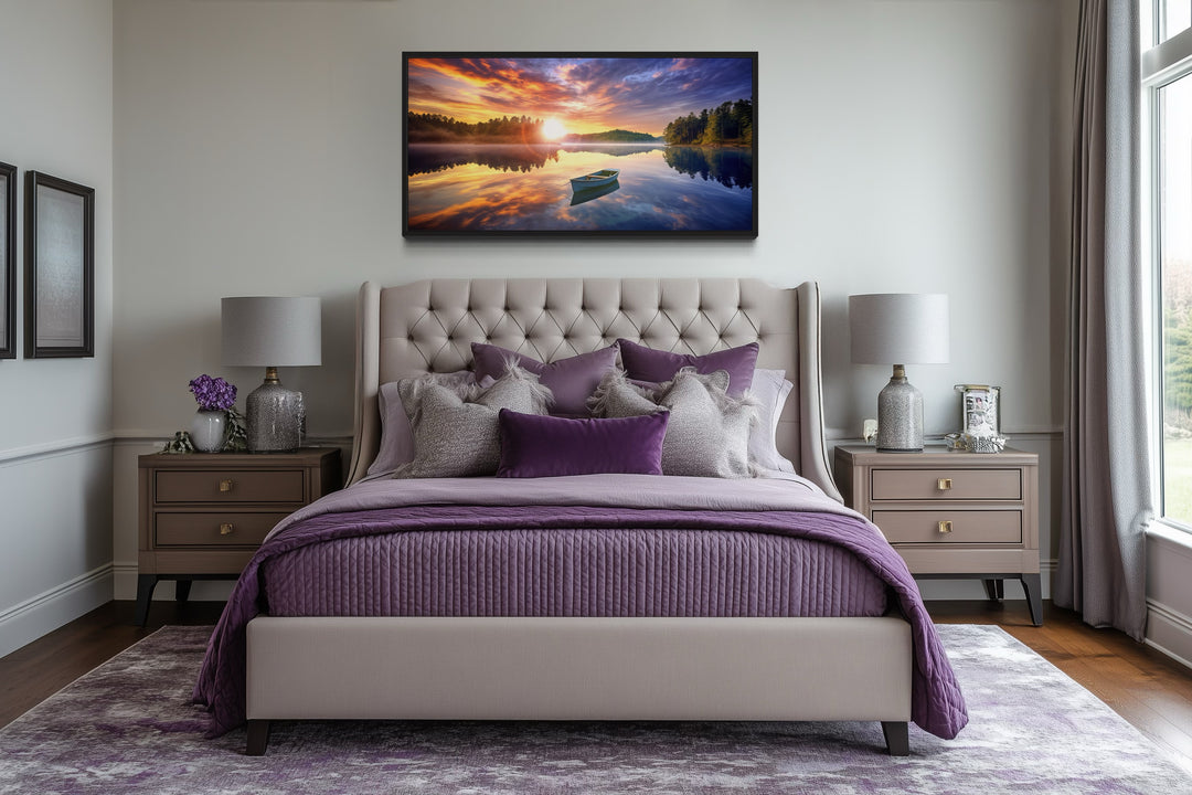 Lake With Boat at Sunrise Framed Canvas Wall Art