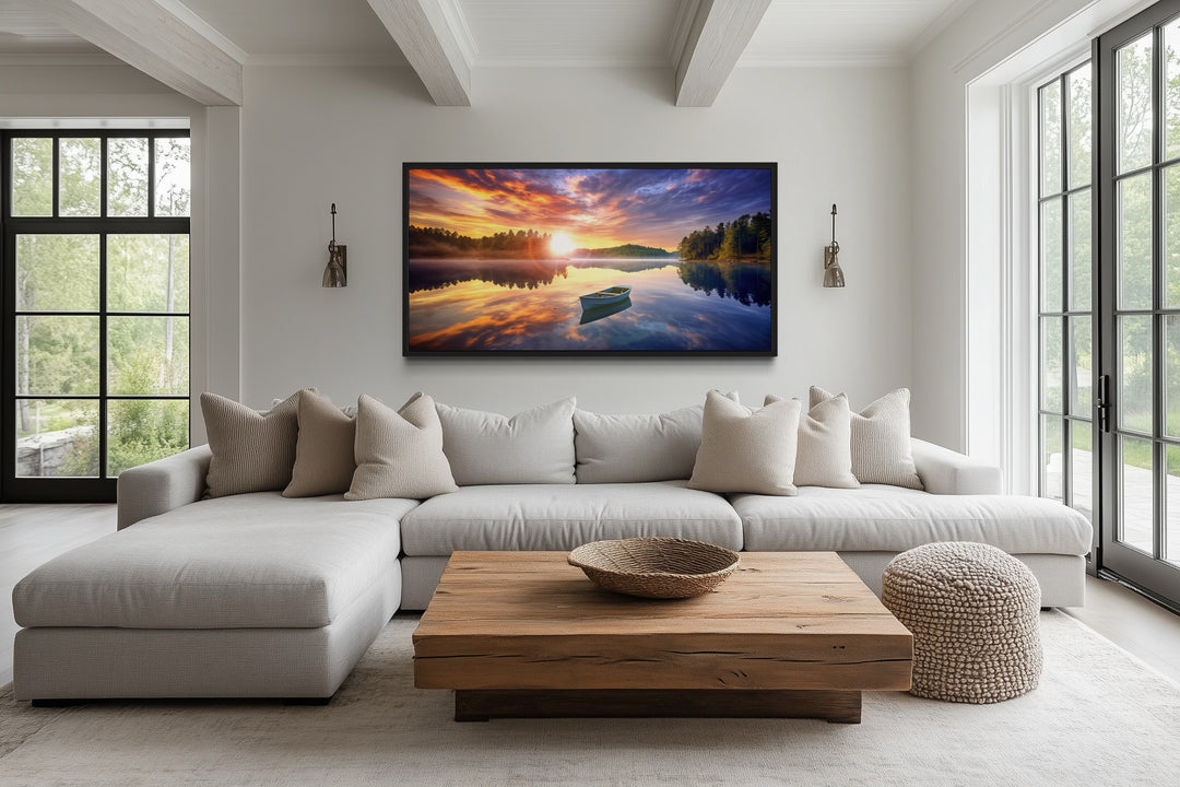 Lake With Boat at Sunrise Framed Canvas Wall Art