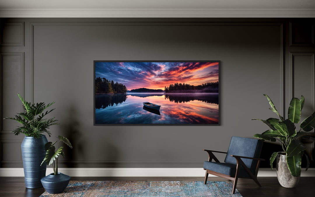 Lake With Boat at Sunset Framed Canvas Wall Art