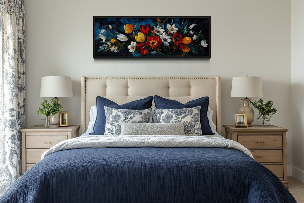 Large Orange Red Floral Tulips Long Horizontal Framed Canvas Wall Art